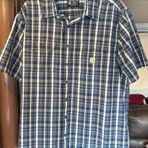 Carhartt Men’s Navy and White Plaid Short-Sleeve Button-Down Shirt